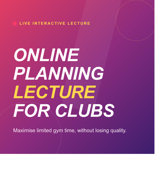 Promotional graphic with a purple-to-pink gradient background and large text reading 'ONLINE PLANNING LECTURE FOR CLUBS,' plus smaller text 'LIVE INTERACTIVE LECTURE' and 'Maximise limited gym time, without losing quality.'.